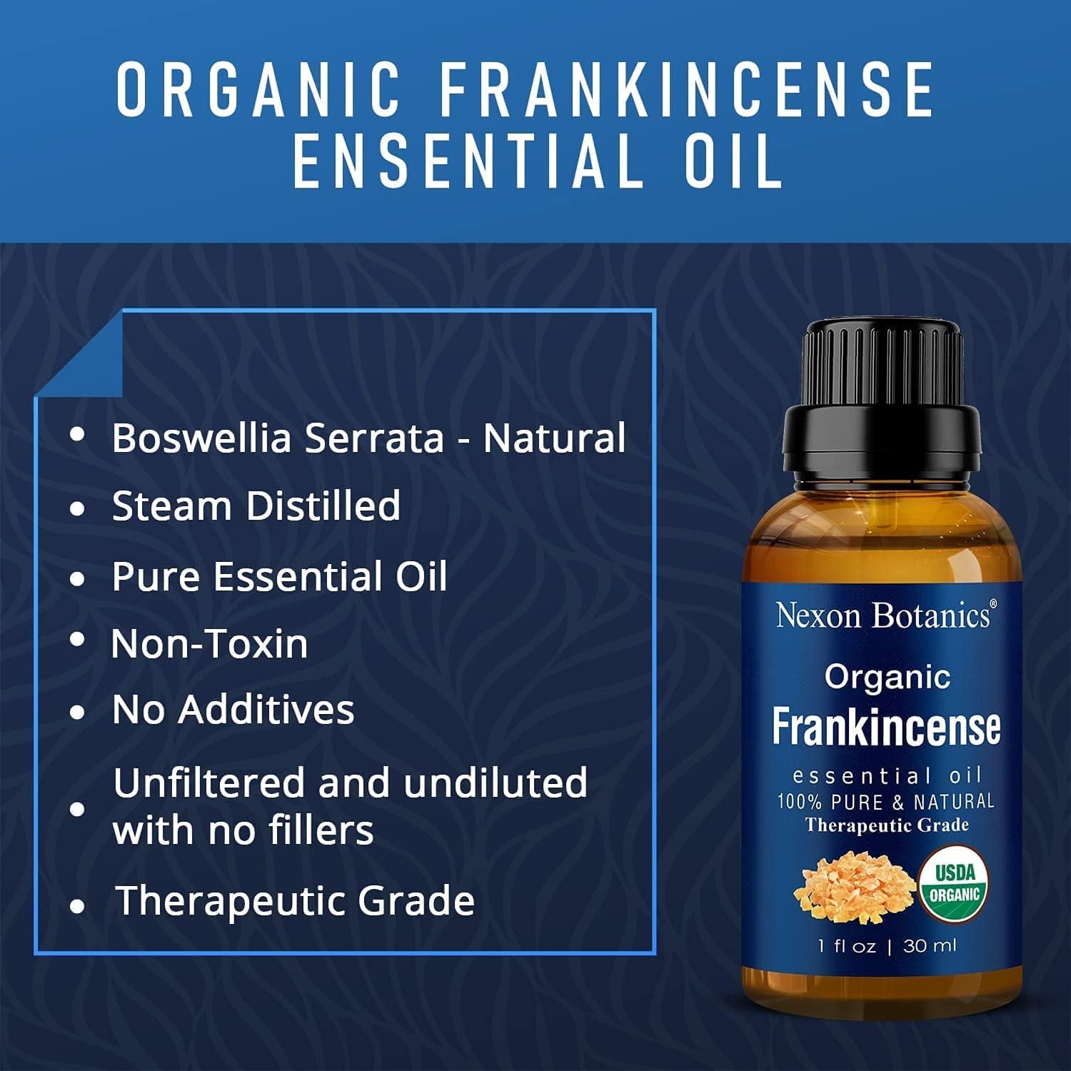 "Pure and Natural Organic Frankincense Essential Oil - Therapeutic Grade for Aromatherapy, Diffuser, and Skin & Hair Care - 30Ml"